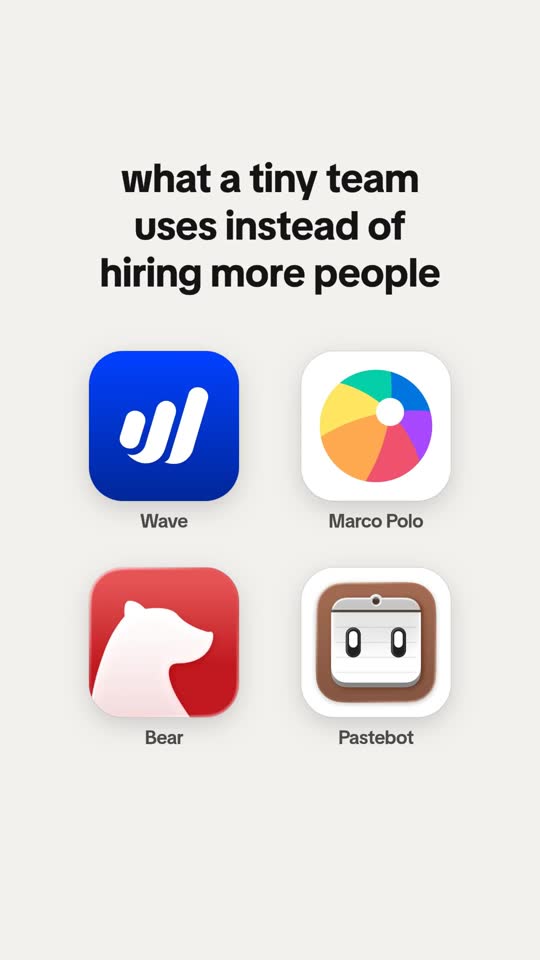 Slideshow cover that says: what a tiny team uses instead of hiring more people, over four app icons