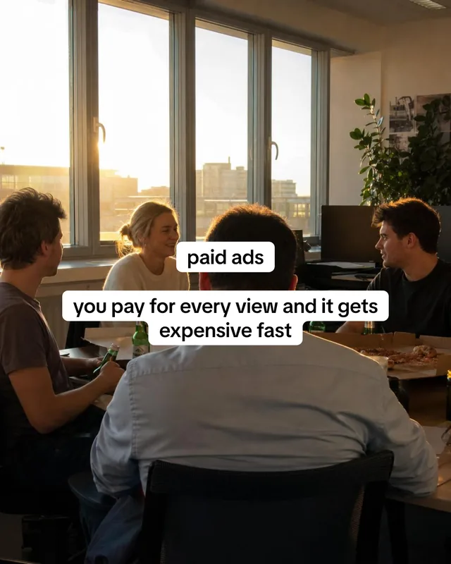 Slide 2: paid ads. You pay for every view and it gets expensive fast. People talk around a table by a window.