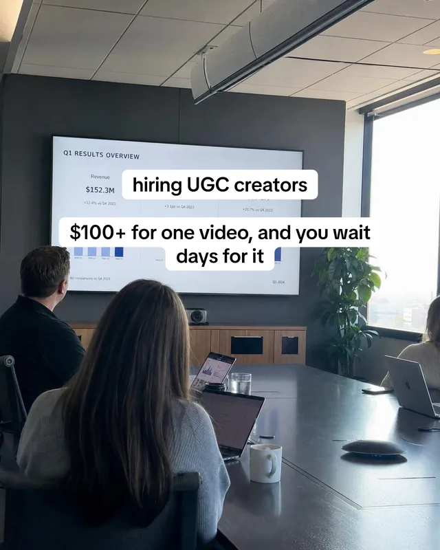 Slide 3: hiring UGC creators. $100+ for one video, and you wait days for it. A meeting room with a results chart on the screen.