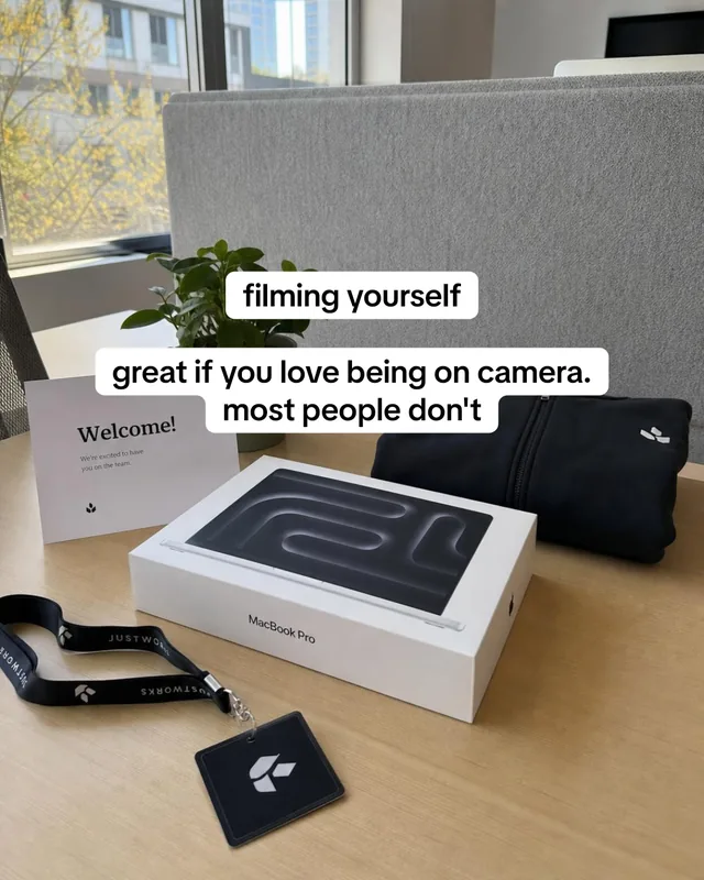 Slide 4: filming yourself. Great if you love being on camera, most people don't. A new laptop box on a desk.