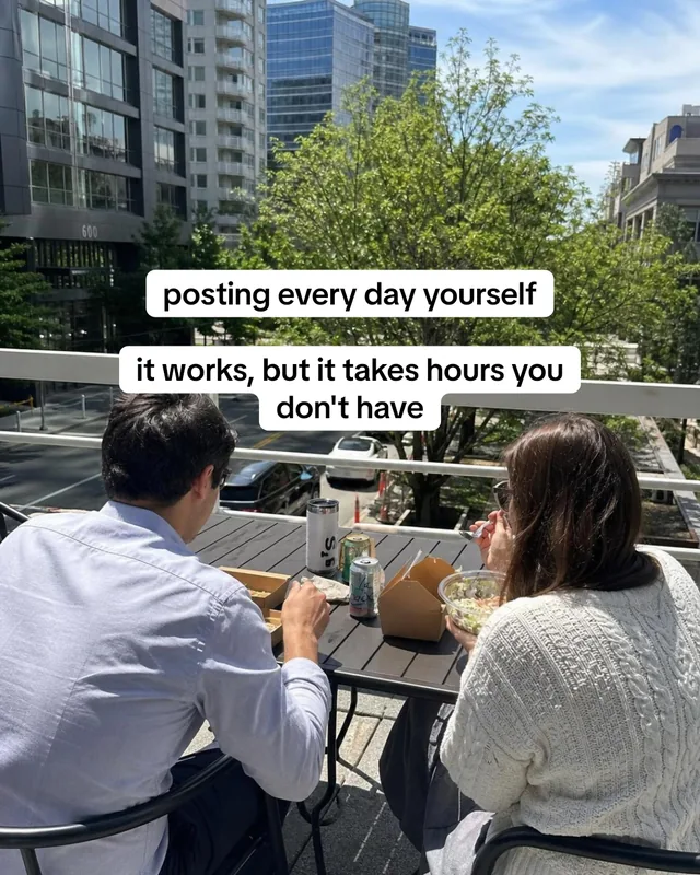 Slide 5: posting every day yourself. It works, but it takes hours you don't have. Two people eat lunch on a balcony.