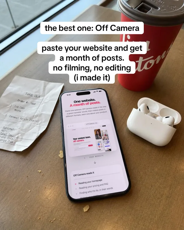 Slide 6: the best one, Off Camera. Paste your website and get a month of posts, no filming, no editing (I made it). A phone on a café table shows Off Camera.